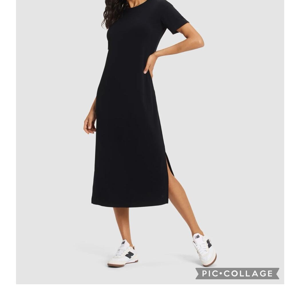 Exclusively Misook Knit Short Sleeve Maxi Dress XL Black Side Slit Minimalist